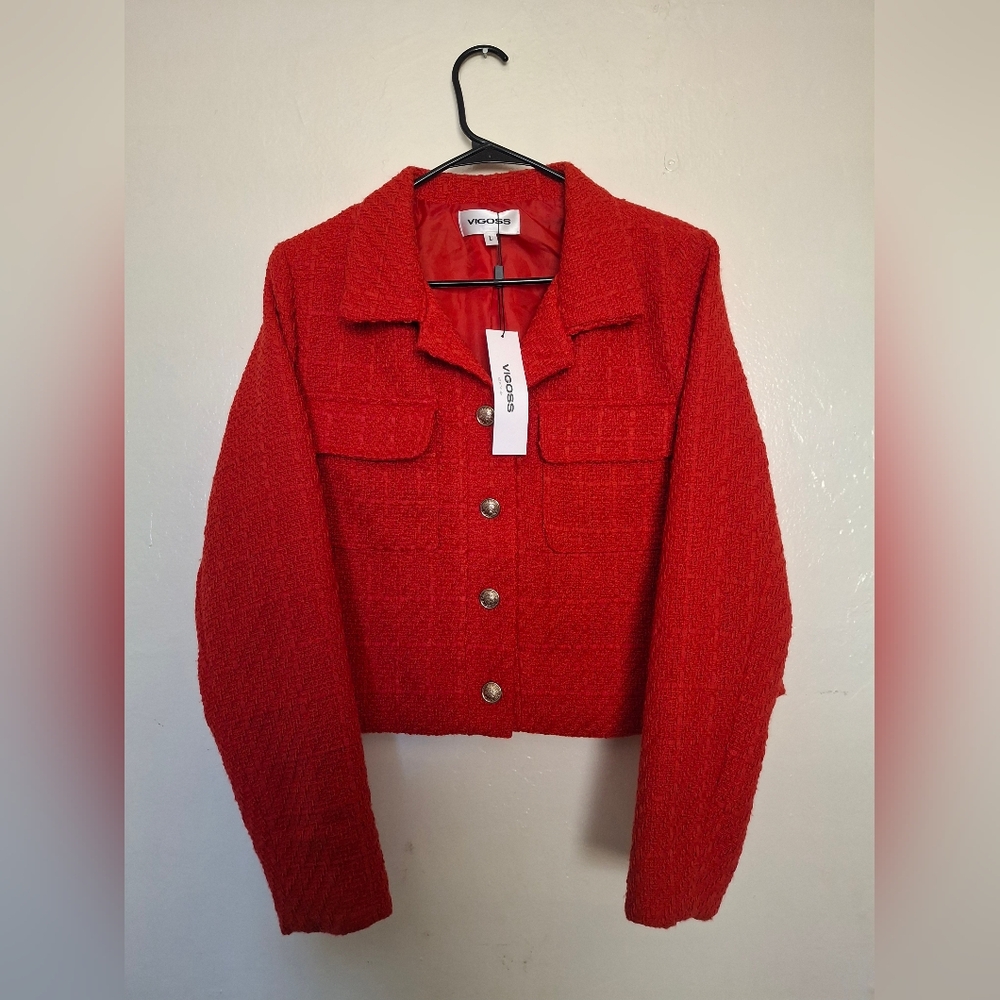 Vigoss NWT Women's Red Tweed Cropped Jacket - Picture 3 of 5